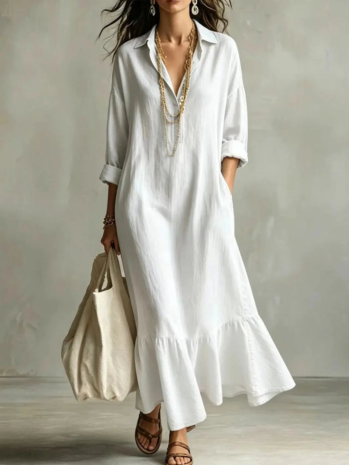 White Women's Tiered Maxi Dress with Relaxed Fit & Ruffle Hem