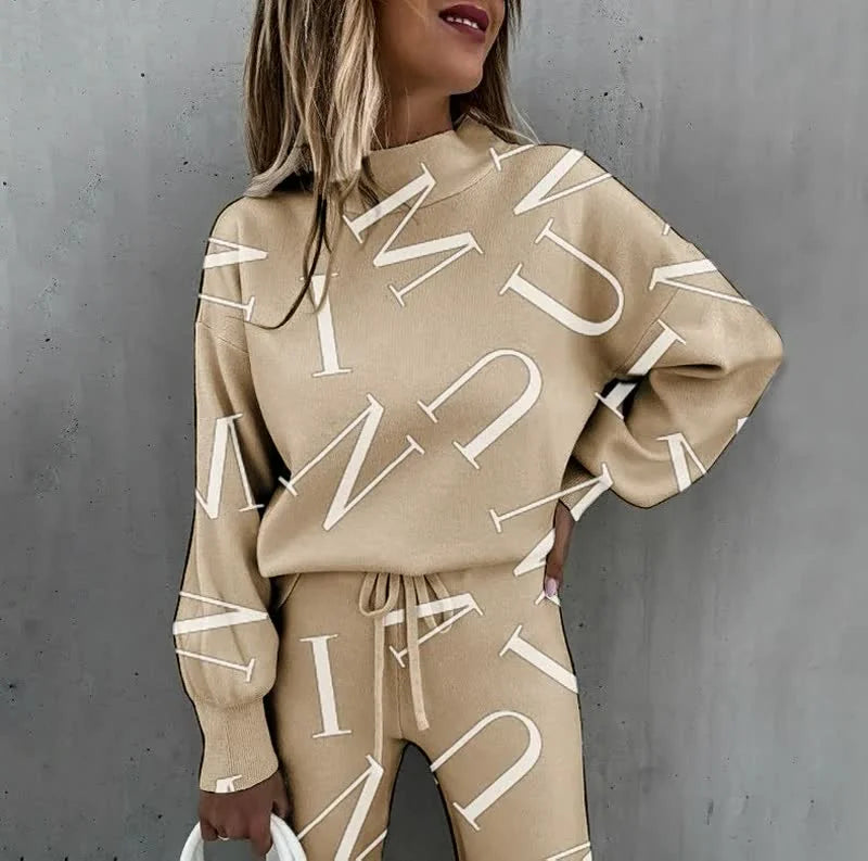 Apricot Letter Print Women's Tracksuit Set with Relaxed Fit & Drawstring Waist - Close Up Torso