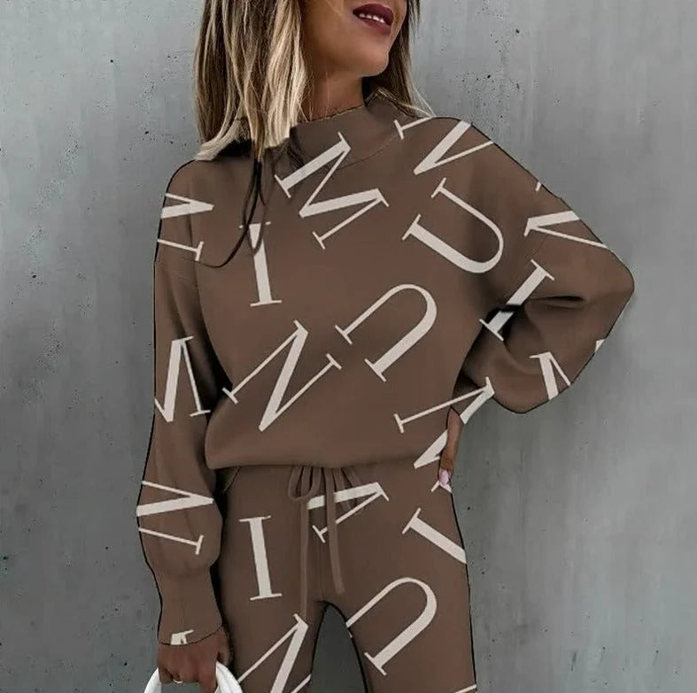 Brown Letter Print Women's Tracksuit Set with Relaxed Fit & Drawstring Waist - Close Up Side