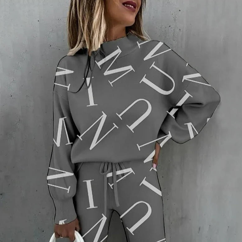 Gray Letter Print Women's Tracksuit Set with Relaxed Fit & Drawstring Waist - Close Up Front
