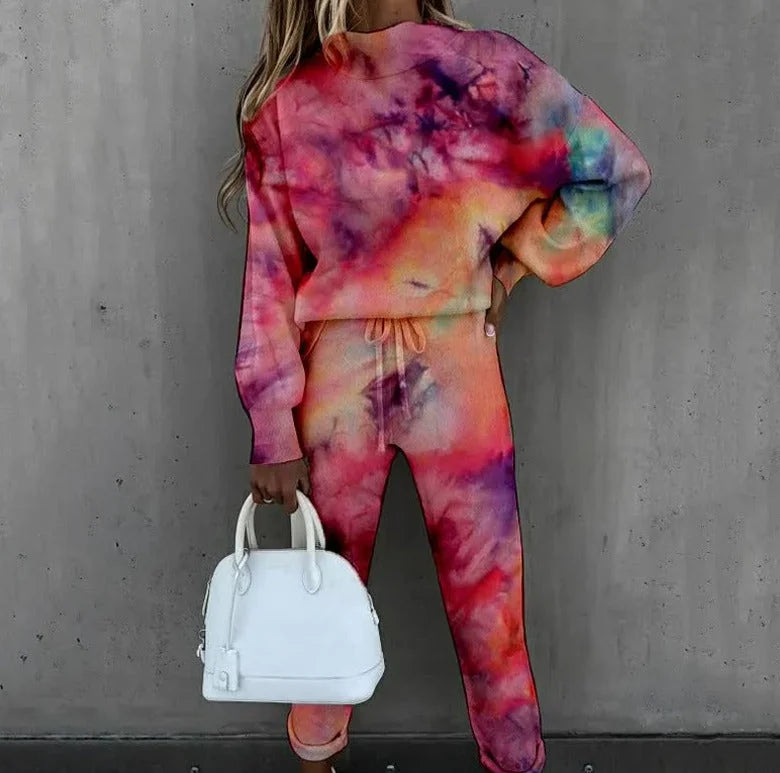 Tie-Dye Women's Tracksuit Set with Relaxed Fit & Drawstring Waist