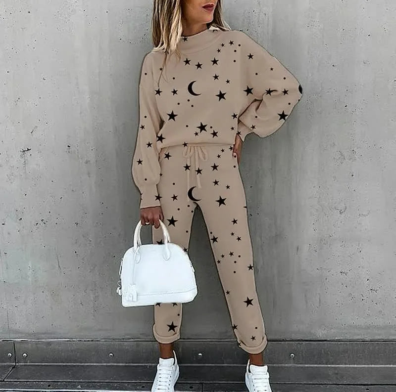Moon Print Women's Tracksuit Set with Relaxed Fit & Drawstring Waist