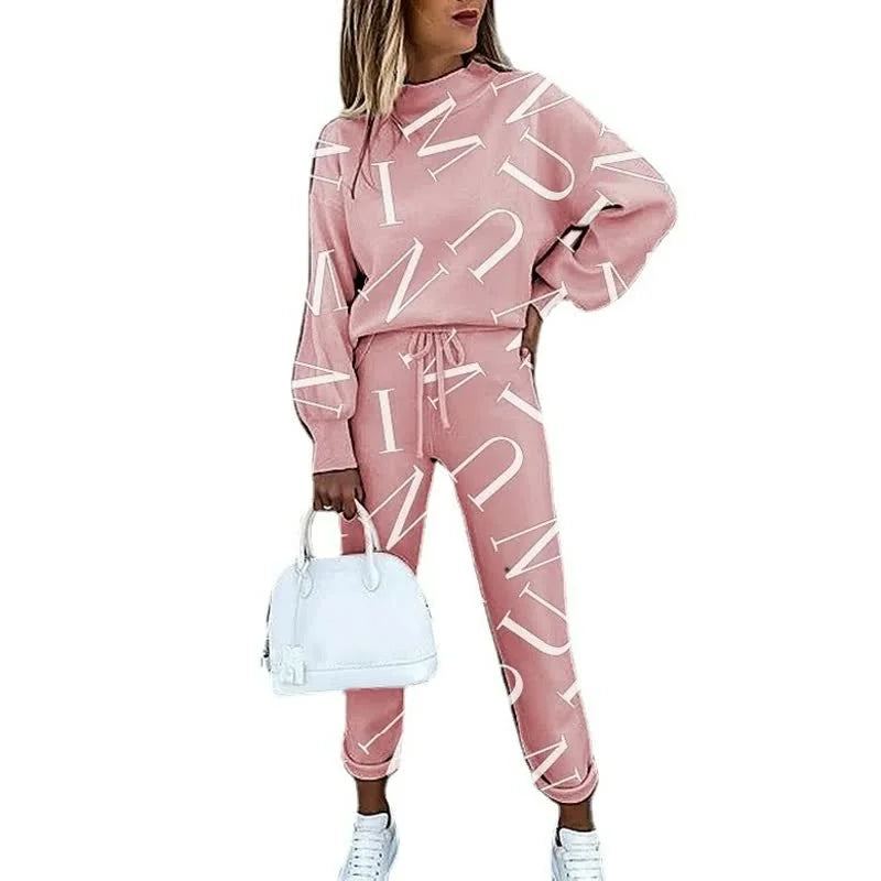 Pink Letter Print Women's Tracksuit Set with Relaxed Fit & Drawstring Waist - Studio White Front