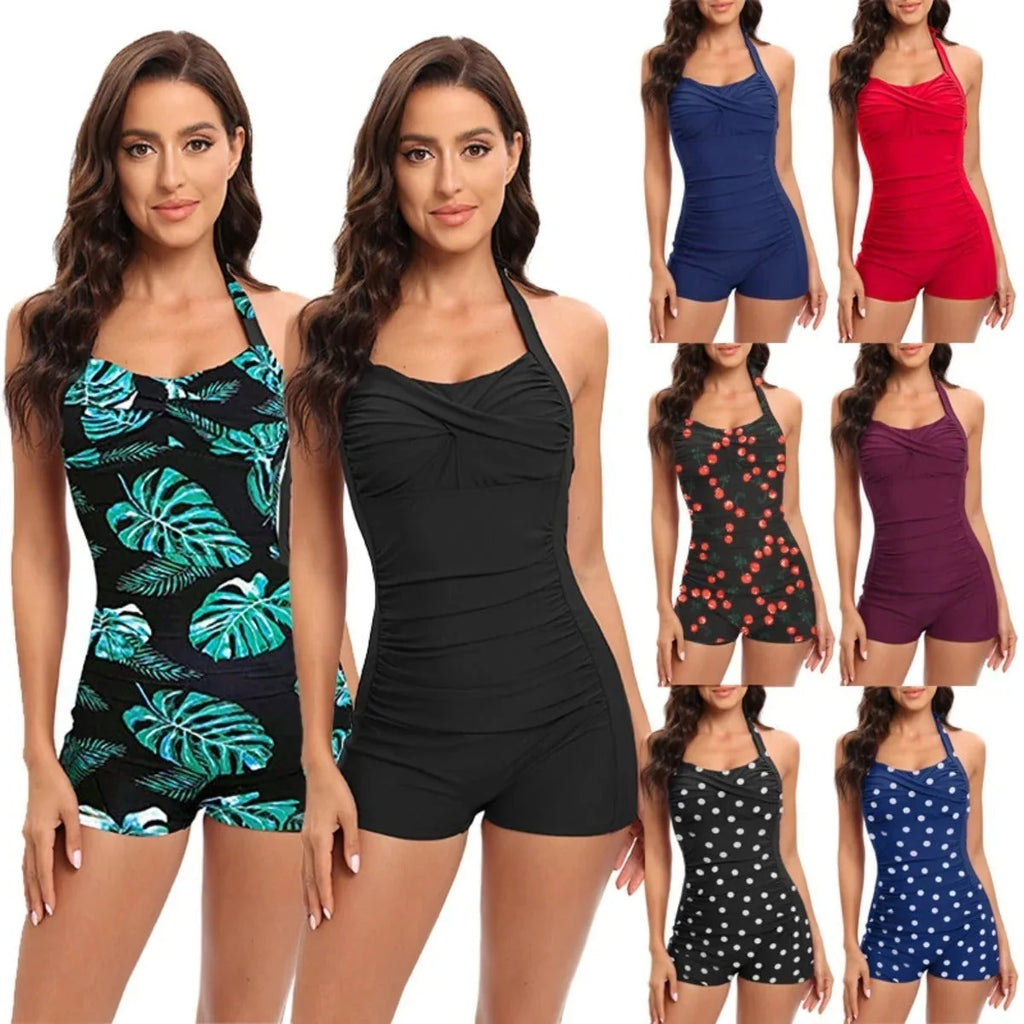 Women's One Piece Swimsuit with Tummy Control & Halter Neck - Collage Grid