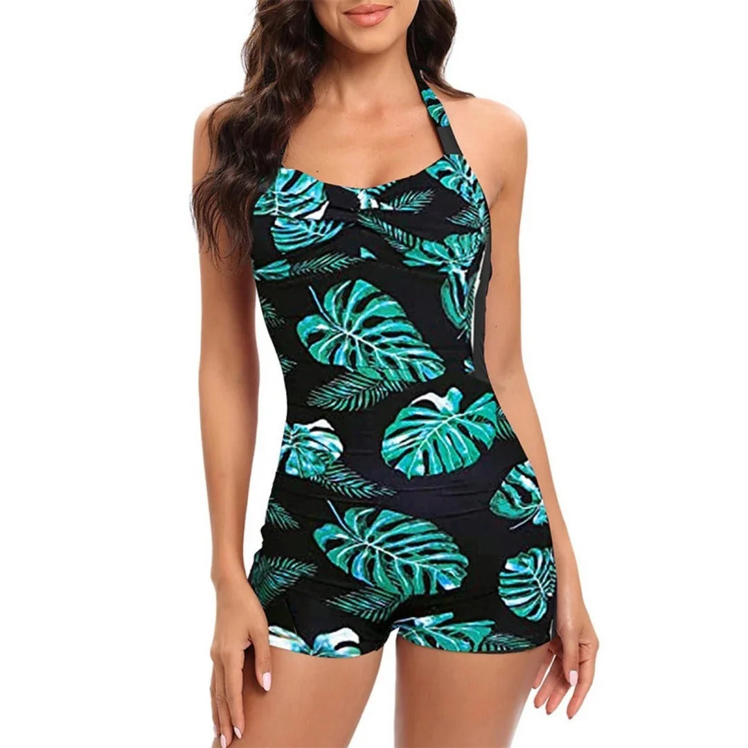Leaf Green Women's One Piece Swimsuit with Tummy Control & Halter Neck - Front Standing