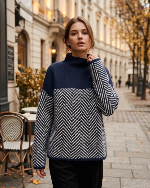 Blue Women's Cashmere Sweater with Color-Block Turtleneck & Chevron Knit