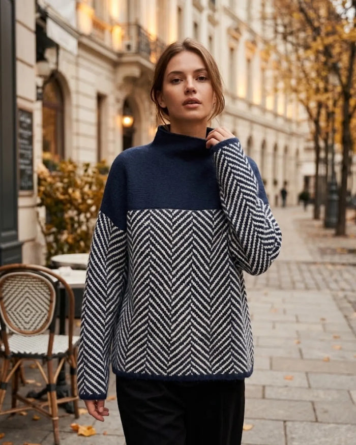 Blue Women's Cashmere Sweater with Color-Block Turtleneck & Chevron Knit