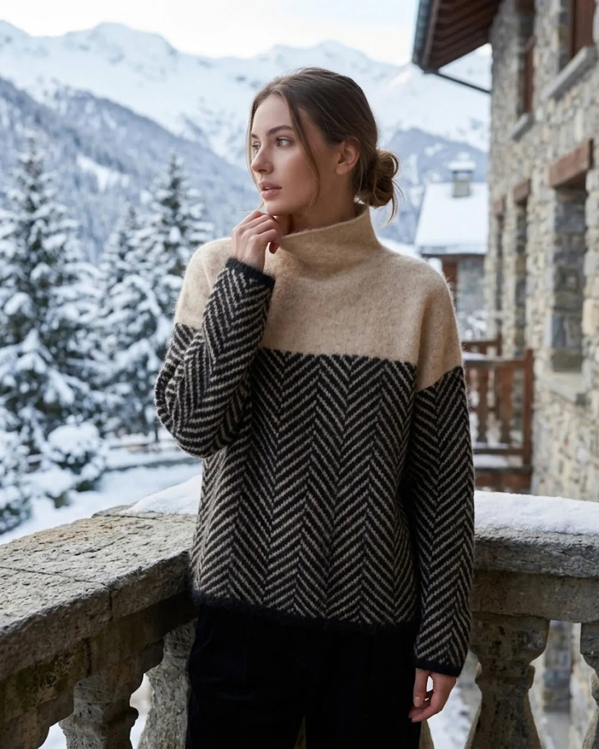 Brown Women's Cashmere Sweater with Color-Block Turtleneck & Chevron Knit