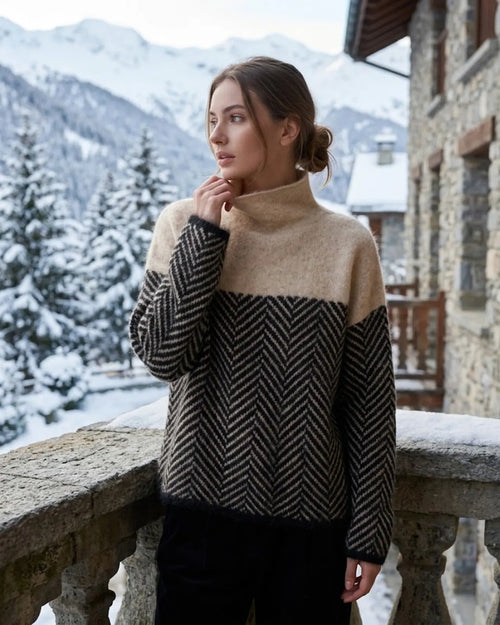 Brown Women's Cashmere Sweater with Color-Block Turtleneck & Chevron Knit