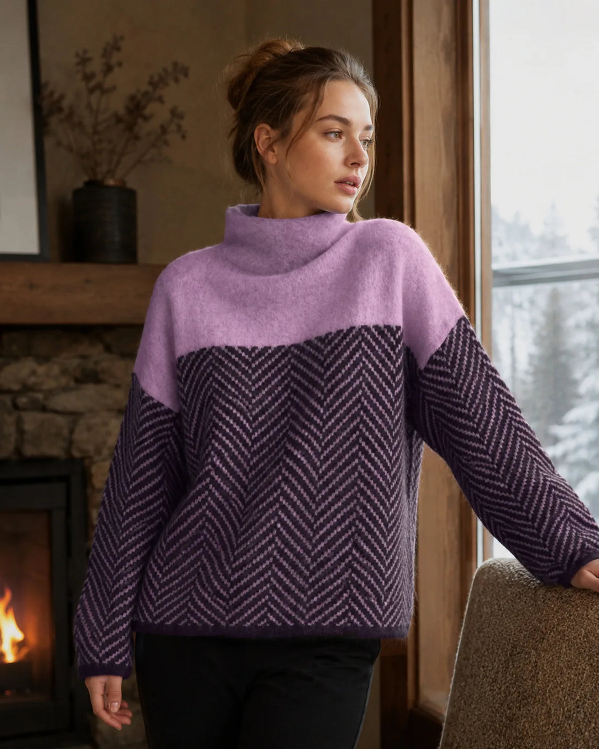 Lilac Women's Cashmere Sweater with Color-Block Turtleneck & Chevron Knit - Indoor Window Pose
