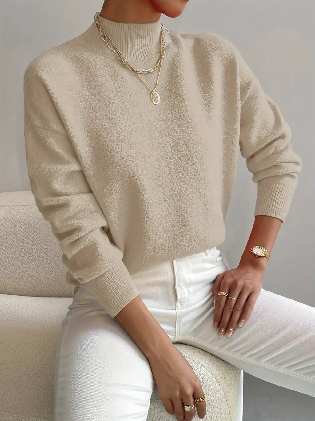 Beige Women's Turtleneck Sweater with Ribbed Collar & Oversized Relaxed Fit — Tahlia