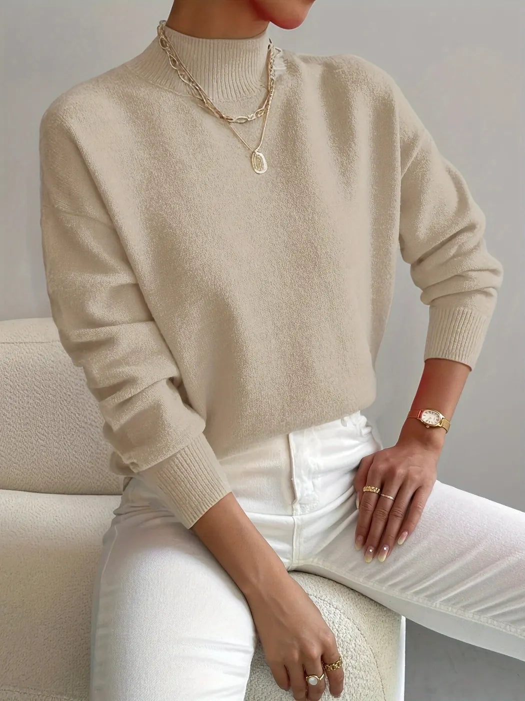 Beige Women's Turtleneck Sweater with Ribbed Collar & Oversized Relaxed Fit — Tahlia