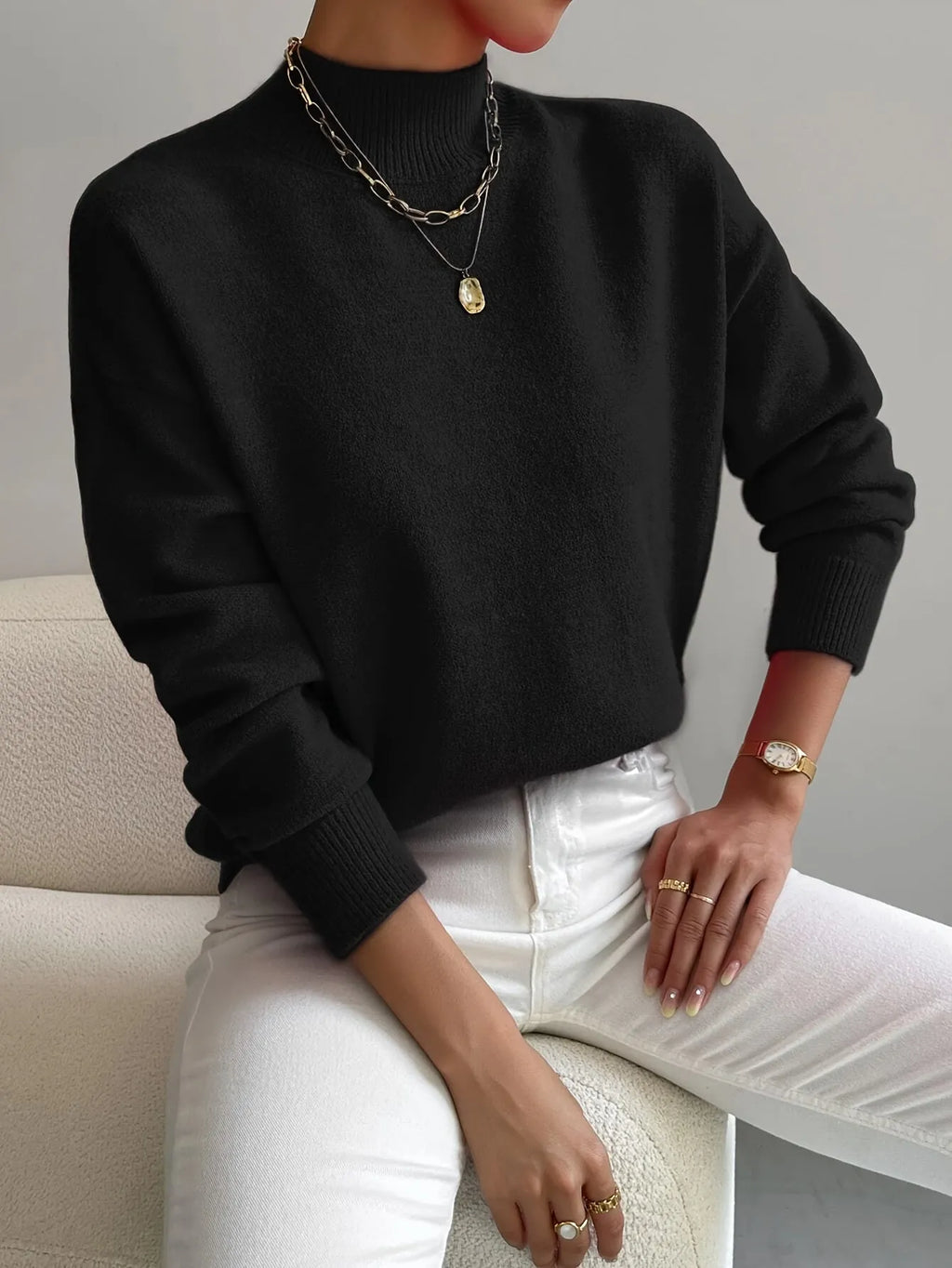 Black Women's Turtleneck Sweater with Ribbed Collar & Oversized Relaxed Fit