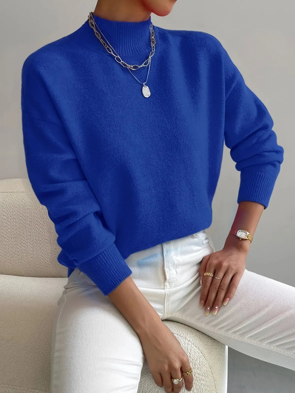 Blue Women's Turtleneck Sweater with Ribbed Collar & Oversized Relaxed Fit — Tahlia