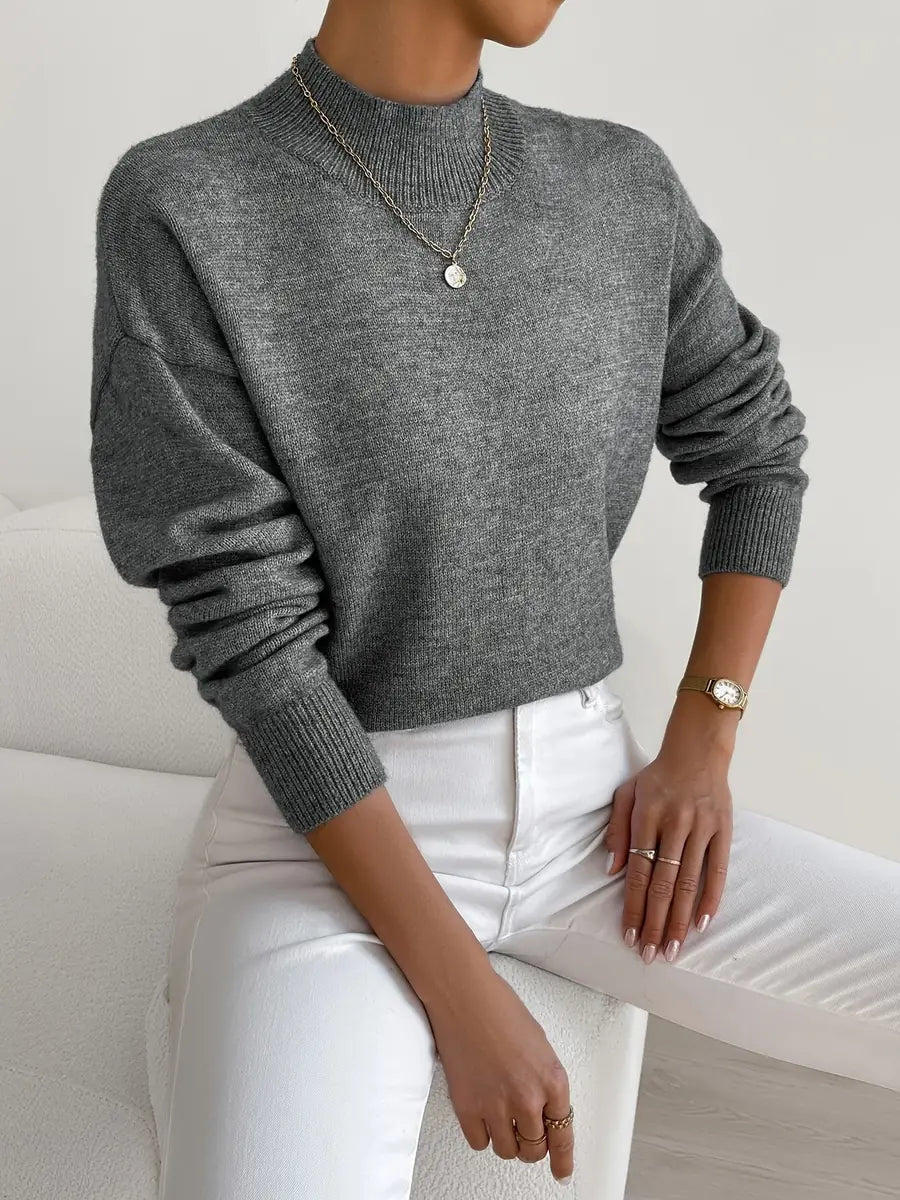 Dark Grey Women's Turtleneck Sweater with Ribbed Collar & Oversized Relaxed Fit — Tahlia