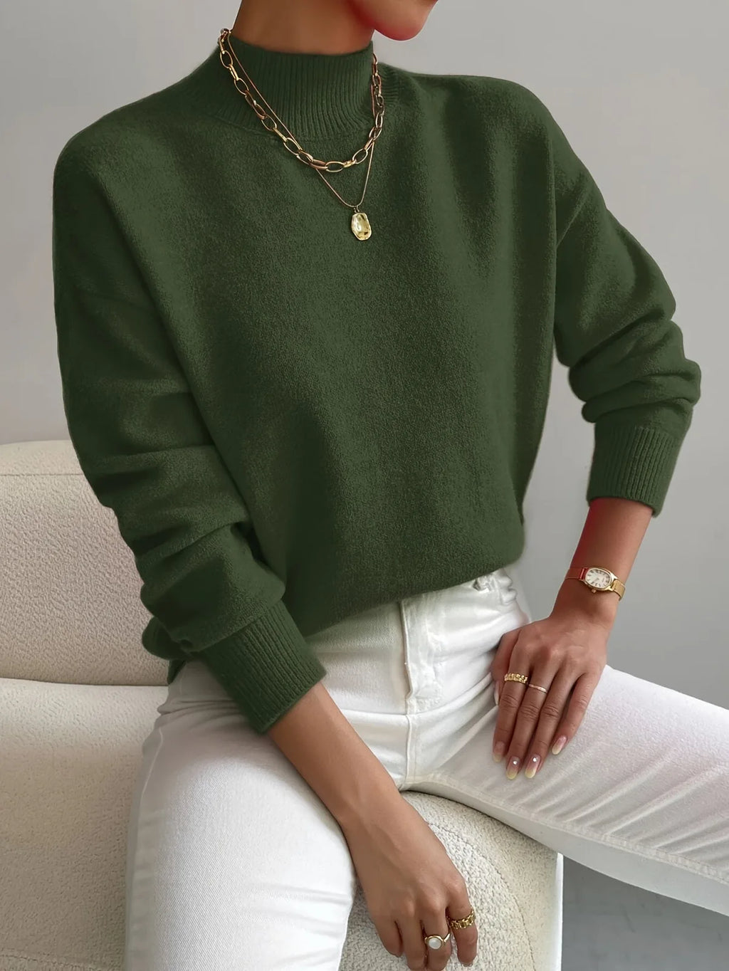 Green Women's Turtleneck Sweater with Ribbed Collar & Oversized Relaxed Fit — Tahlia