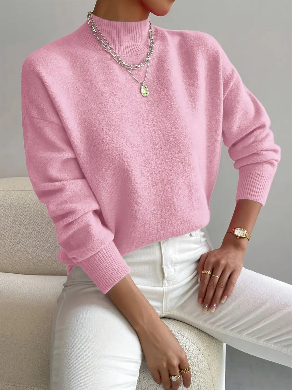 Light Pink Women's Turtleneck Sweater with Ribbed Collar & Oversized Relaxed Fit — Tahlia - Front Half Body