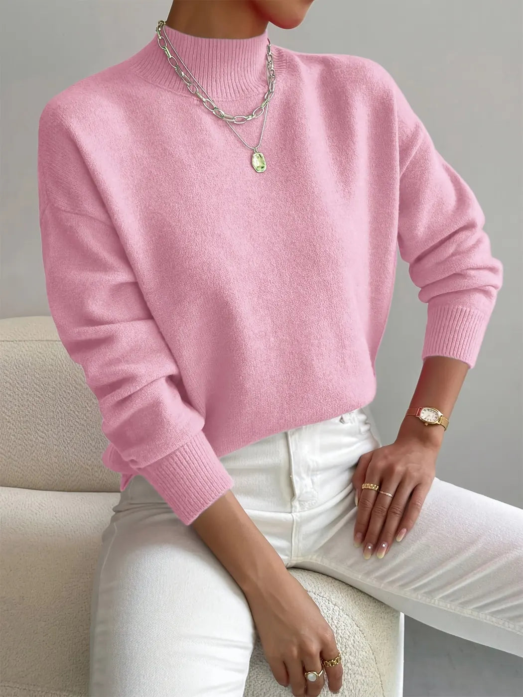 Light Pink Women's Turtleneck Sweater with Ribbed Collar & Oversized Relaxed Fit — Tahlia - Front Half Body