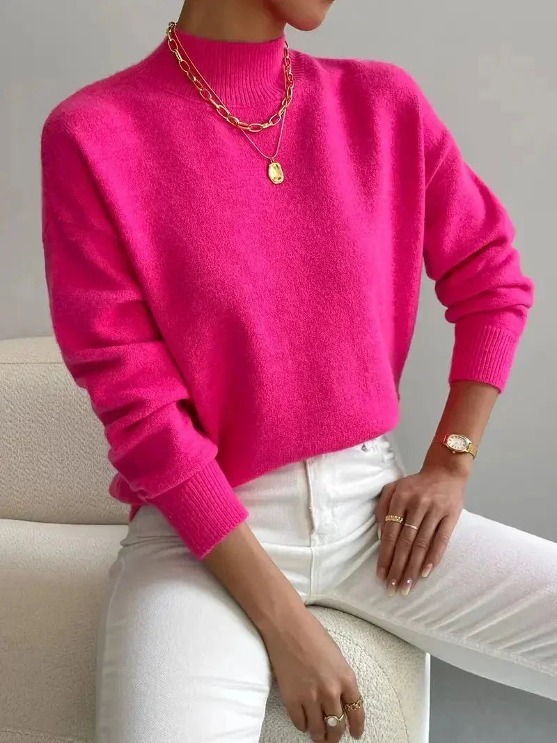 Pink Women's Turtleneck Sweater with Ribbed Collar & Oversized Relaxed Fit — Tahlia