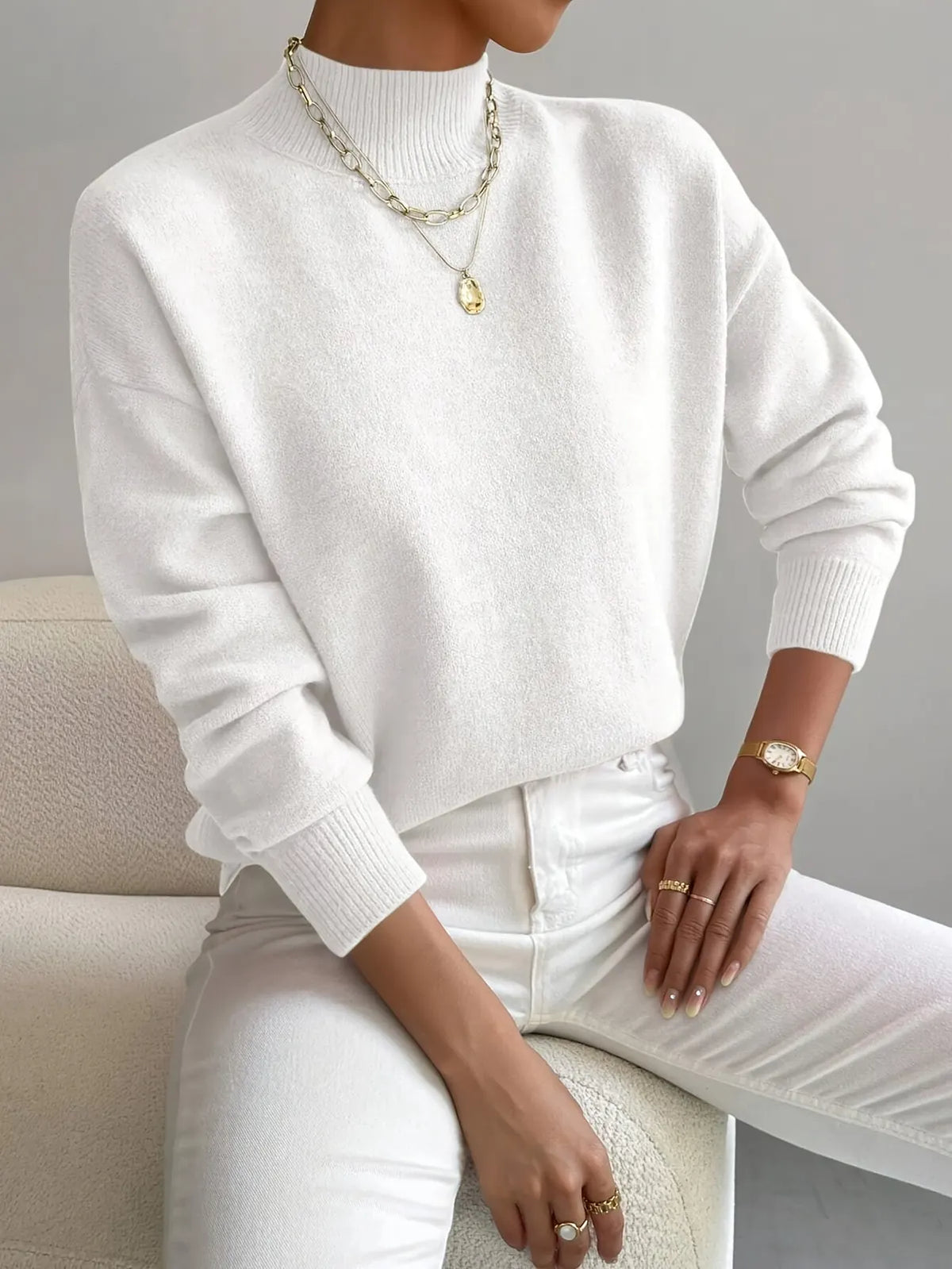 White Women's Turtleneck Sweater with Ribbed Collar & Oversized Relaxed Fit — Tahlia - Front Detail Necklace