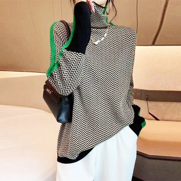Green Women's Herringbone Turtleneck Sweater with Contrast Stripe & Relaxed Fit - Worn Lifestyle