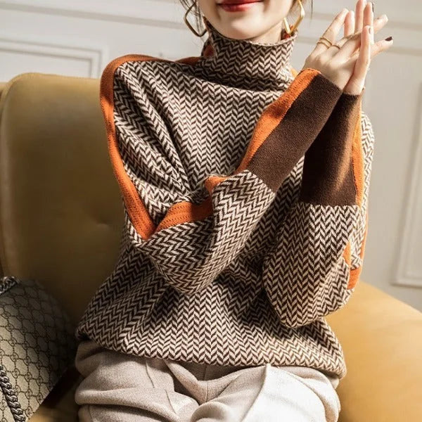 Women's Herringbone Turtleneck Sweater with Contrast Stripe & Relaxed Fit - Close Up Seated