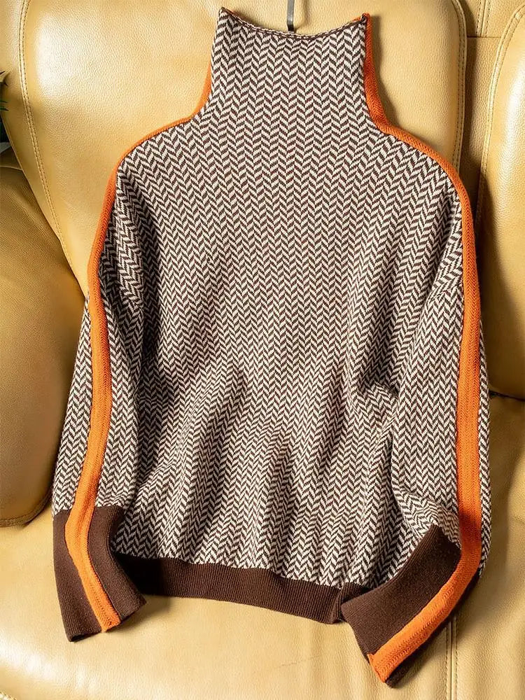 Women's Herringbone Turtleneck Sweater with Contrast Stripe & Relaxed Fit - Flat Lay Back