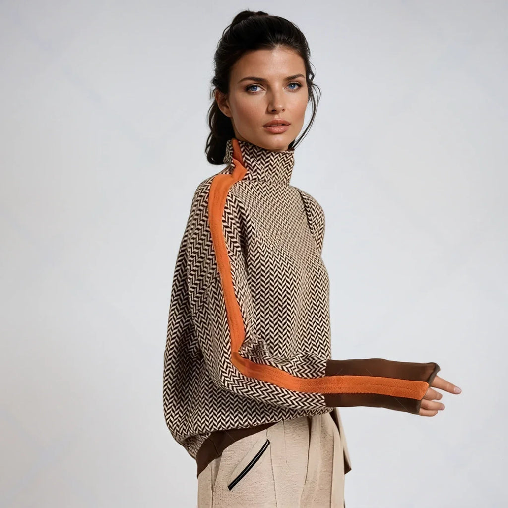 Orange Women's Herringbone Turtleneck Sweater with Contrast Stripe & Relaxed Fit - Front Full