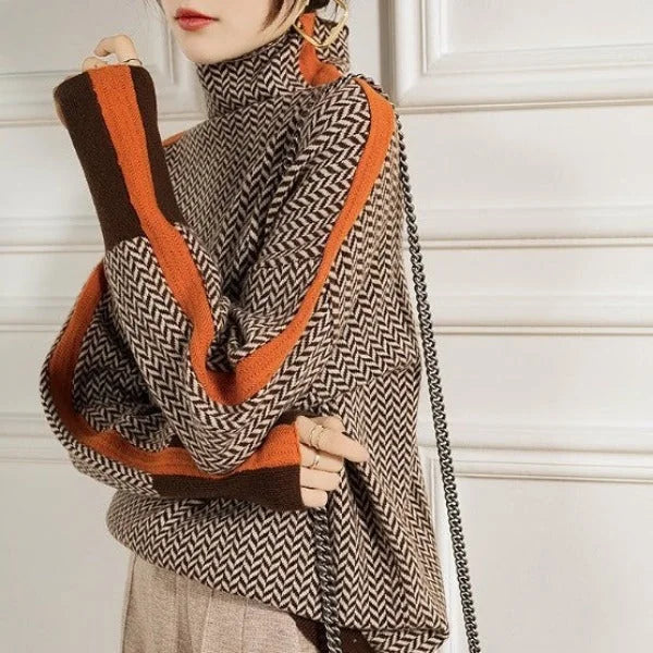 Women's Herringbone Turtleneck Sweater with Contrast Stripe & Relaxed Fit - Side Pose