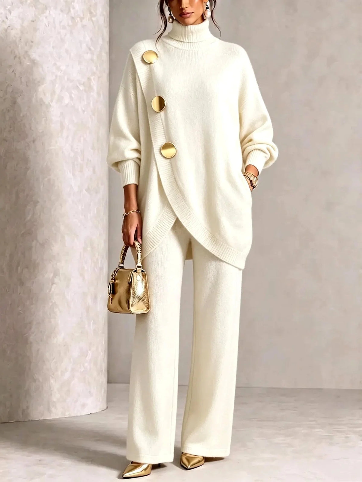 Beige Women's Turtleneck Pants Set with Asymmetric Button-Front & Wide-Leg Trousers