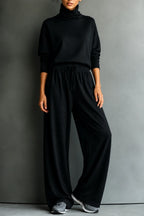 Black Women's Turtleneck Pants Set with Relaxed Wide-Leg Fit