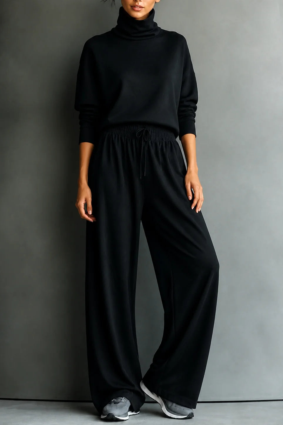 Black Women's Turtleneck Pants Set with Relaxed Wide-Leg Fit