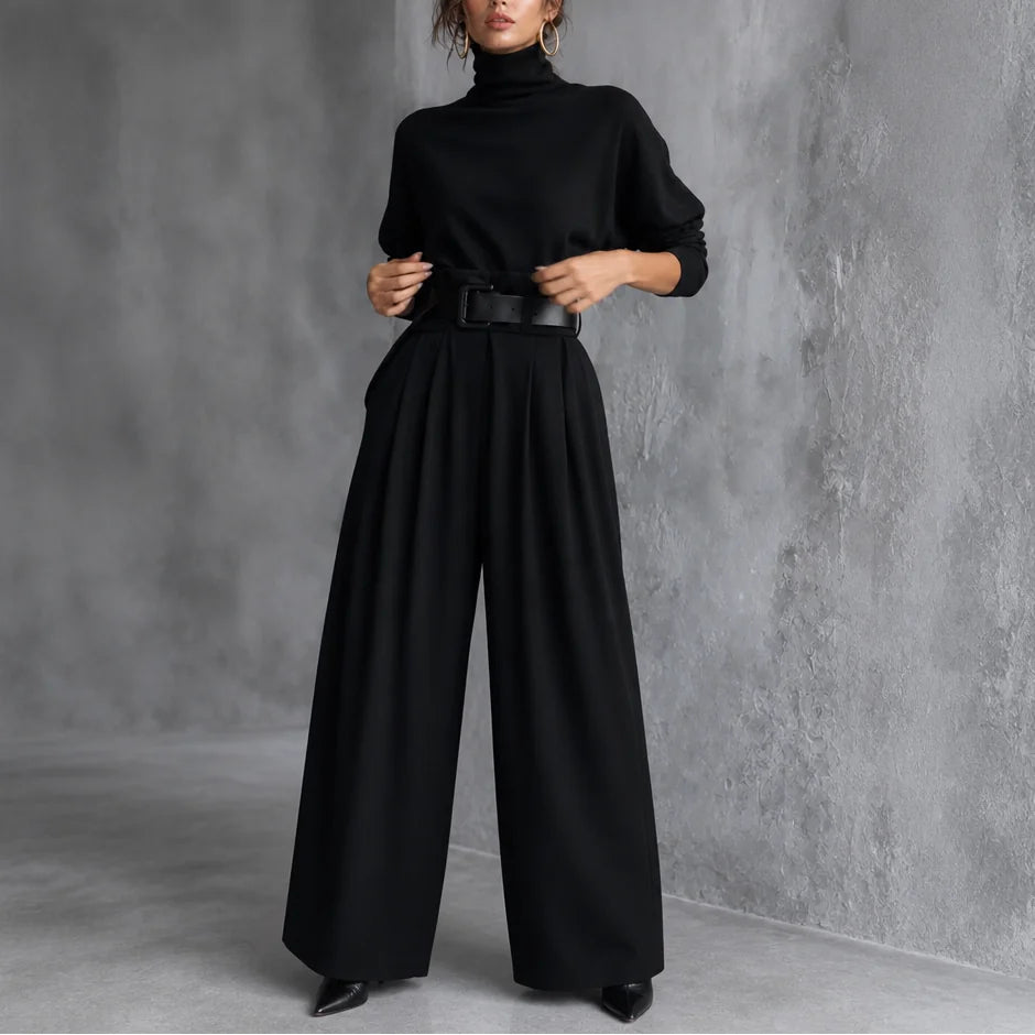 Black Women's Turtleneck Pants Set with Belted Wide-Leg Trousers