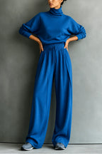Blue Women's Turtleneck Pants Set with Relaxed Wide-Leg Fit