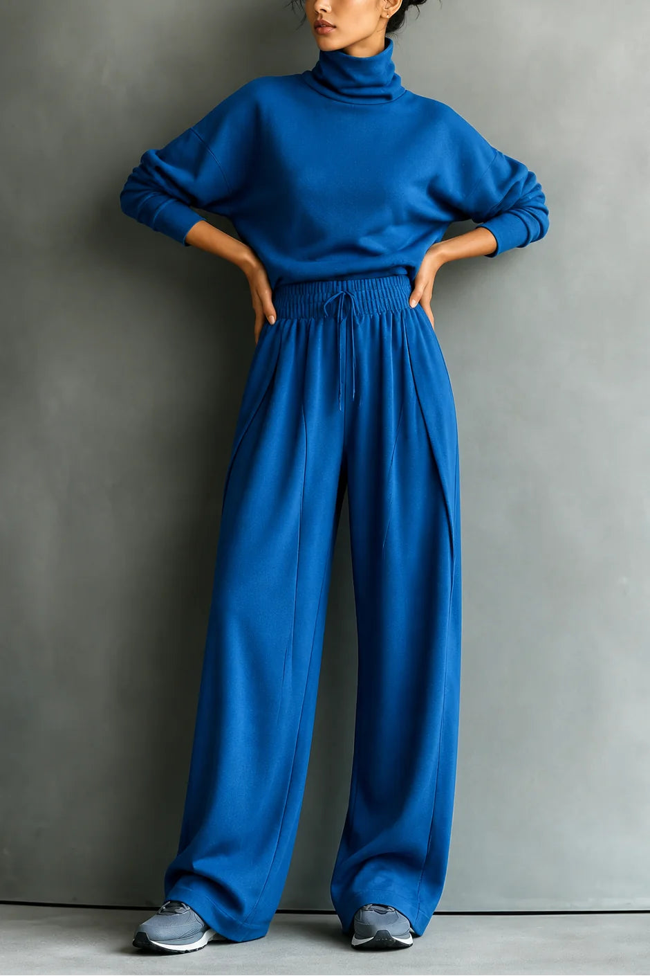 Blue Women's Turtleneck Pants Set with Relaxed Wide-Leg Fit