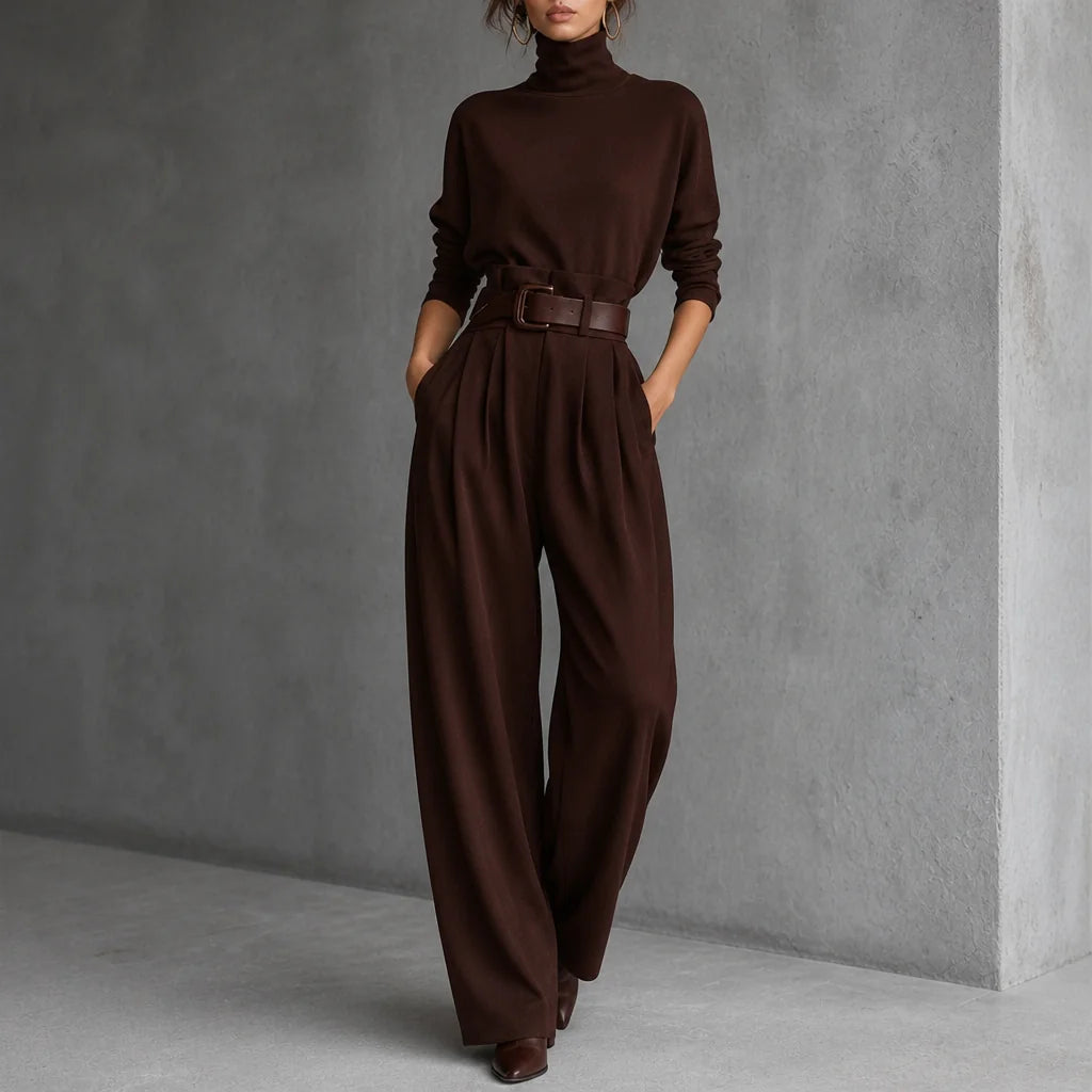 Brown Women's Turtleneck Pants Set with High-Waist Belted Trousers