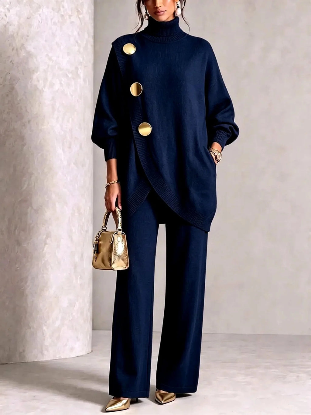 Dark Blue Women's Turtleneck Pants Set with Asymmetric Button-Front & Wide-Leg Trousers