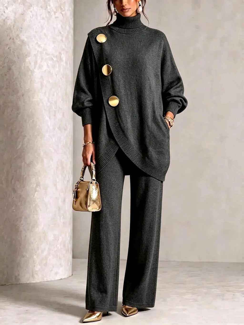 Dark Gray Women's Turtleneck Pants Set with Asymmetric Button-Front & Wide-Leg Trousers