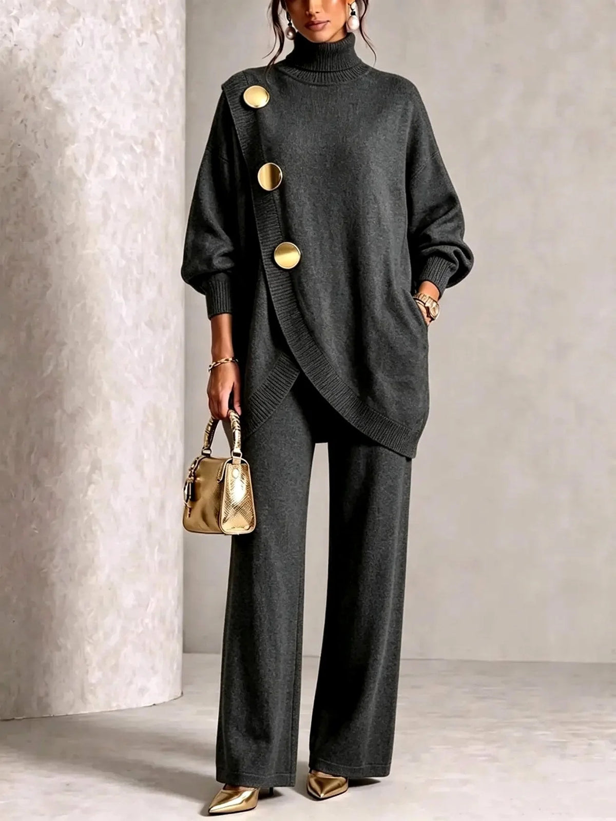 Dark Gray Women's Turtleneck Pants Set with Asymmetric Button-Front & Wide-Leg Trousers