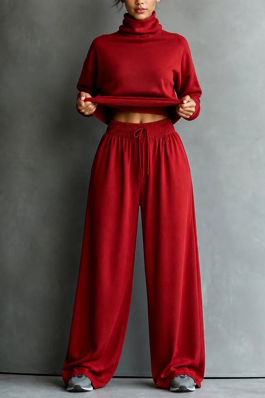 Dark Red Women's Turtleneck Pants Set with Relaxed Wide-Leg Fit