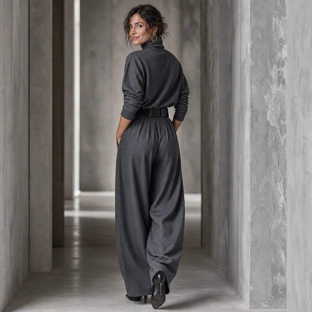 Women's Turtleneck Pants Set with High-Waist Belted Trousers - Back Full Hallway