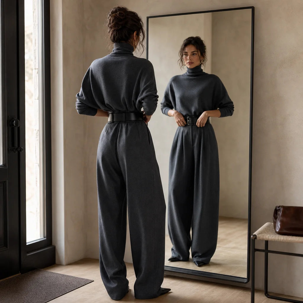 Women's Turtleneck Pants Set with High-Waist Belted Trousers - Back Mirror Reflection