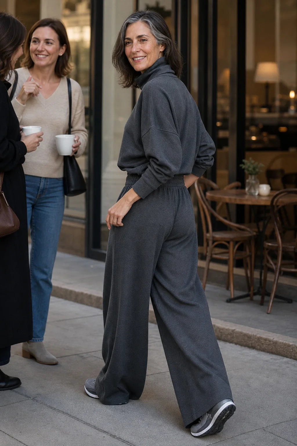 Women's Turtleneck Pants Set with Relaxed Wide-Leg Fit - Back Walking