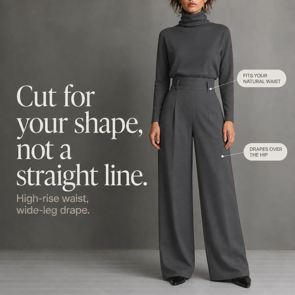 Women's Turtleneck Pants Set with High-Waist Belted Trousers - Fit Diagram Detail