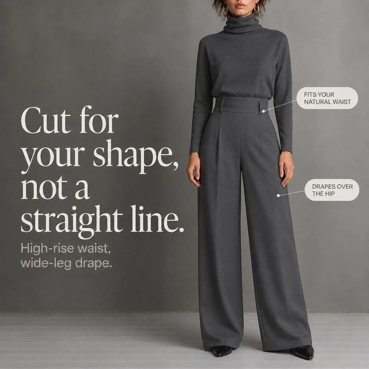 Women's Turtleneck Pants Set with High-Waist Belted Trousers - Fit Diagram Detail