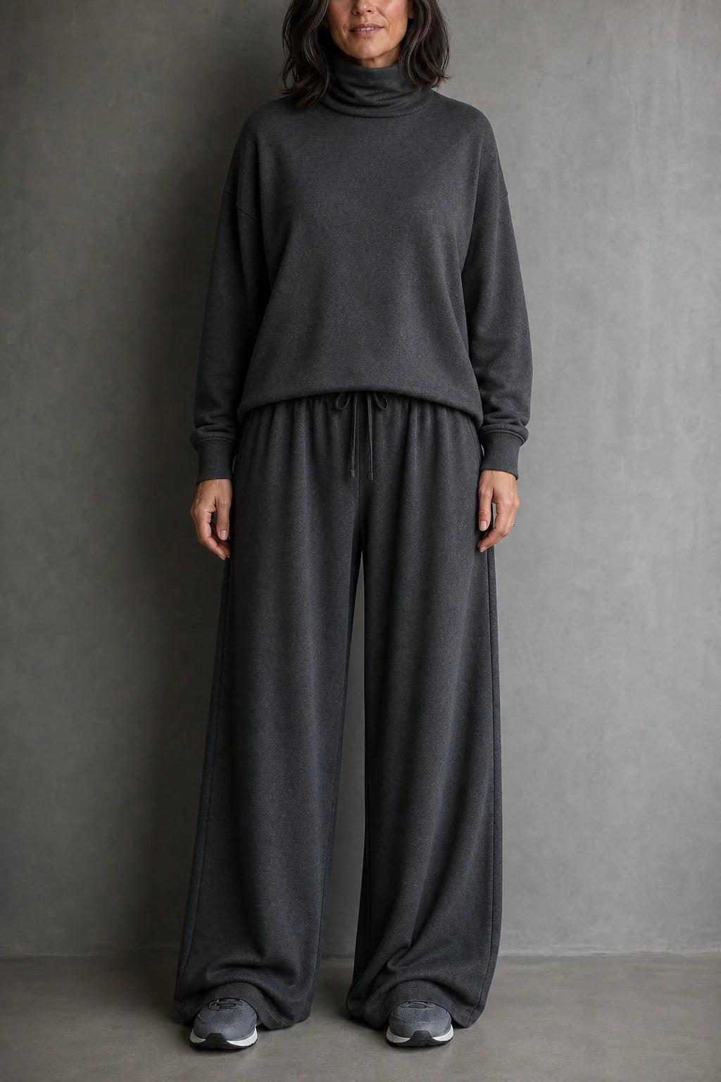 Grey Women's Turtleneck Pants Set with Relaxed Wide-Leg Fit - Front Full