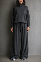 Grey Women's Turtleneck Pants Set with Relaxed Wide-Leg Fit - Front Full