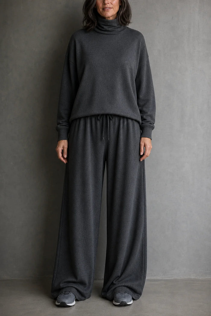 Grey Women's Turtleneck Pants Set with Relaxed Wide-Leg Fit - Front Full