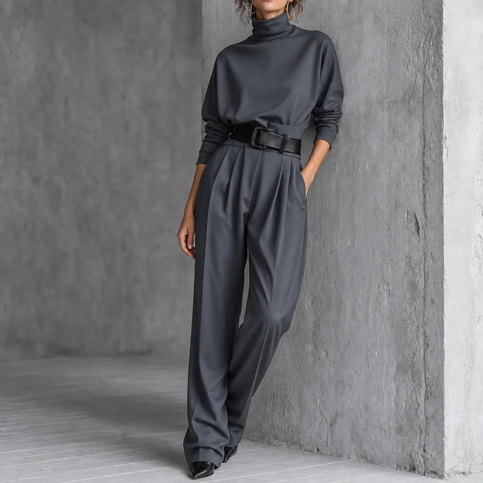 Grey Women's Turtleneck Pants Set with High-Waist Belted Trousers - Front Full
