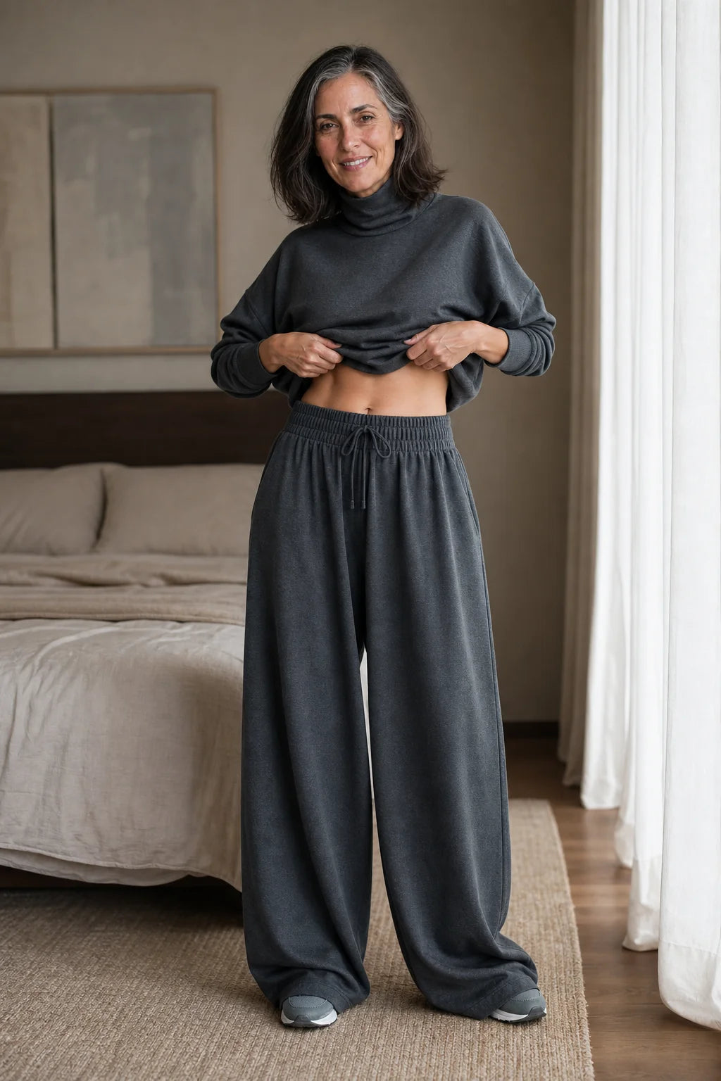 Women's Turtleneck Pants Set with Relaxed Wide-Leg Fit - Lifestyle Bedroom